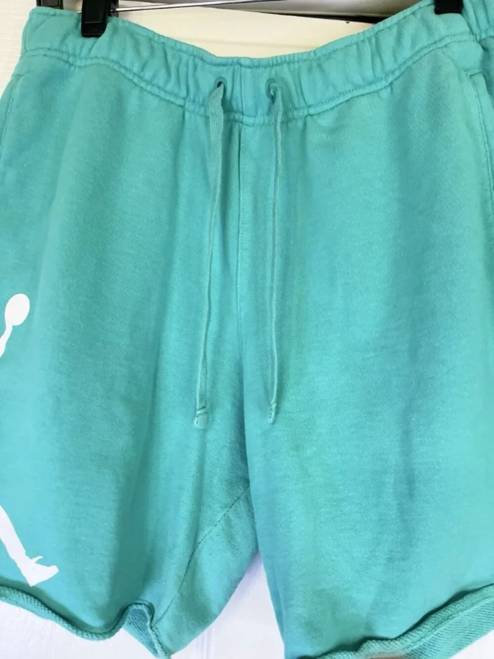 Mens Fleece Shorts Jordan Essentials Sz M Washed Teal Jumpman Logo Raw Hem Terry